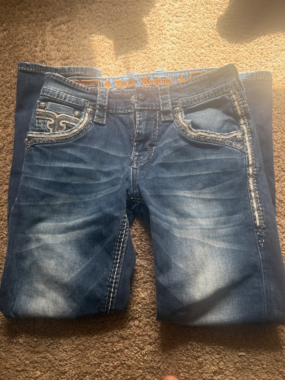 Rock Revival Distressed Mid Blue Embroidered Pocket Jeans